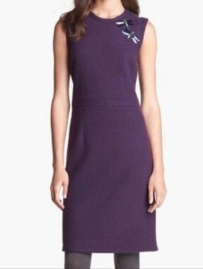 Tory Burch Jada Dragonfly Embellished Wool Lined Sheath Dress in Eggplant